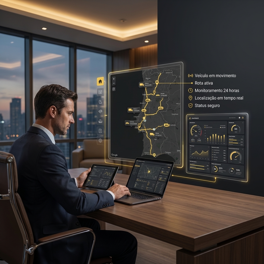Gestor de frota analisando rastreamento veicular em tempo real com dashboard de monitoramento 24h